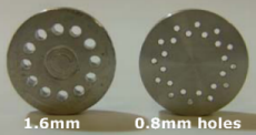 Two extruder dies with 0.8 and 1.6 mm holes